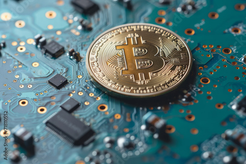 Bitcoin cryptocurrency coin on a computer circuit board