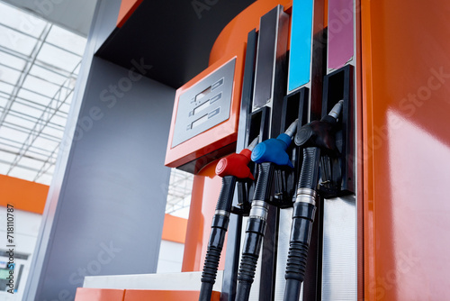 Background image of modern fuel pump with several petrol dispensers, copy space photo