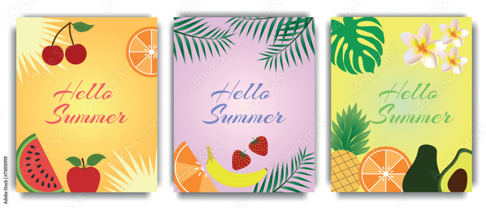 Naklejka premium Summer set of fruit vector posters. Hello summer text with fruits and tropical leaves on a bright summer background. Holiday season vector illustration, banner, flyer, template.