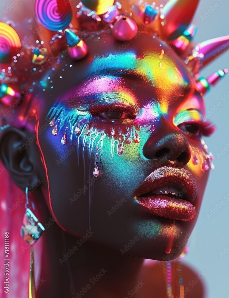 Artistic model with horns, dripping colorful paint and jeweled adornments under a bright light
