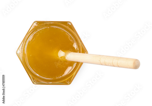 Tasty honey and dipper in glass jar isolated on white, top view