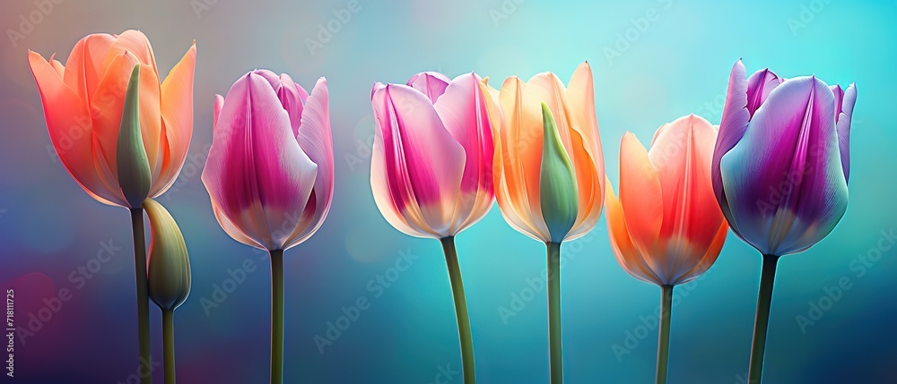 A row of beautiful tulips with various colors is in the photo on a blue background. generative AI A row of beautiful tulips with various colors is in the photo on a blue background. generative AI