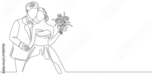 Elegant couple wearing wedding dress. line art style drawing vector illustration.