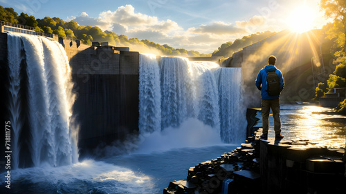 Traveler admiring impressive waterfalls photo