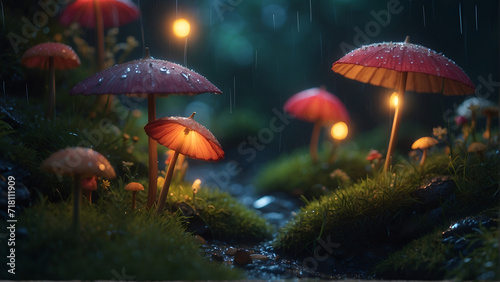 (((masterpiece))),(best quality),((ultra-detailed)),professional,gimicalmas,35mm photograph,4k,fairy forest in the middle of the night it's raining,lay summer,night,rain,macro_shot,colorful details,na