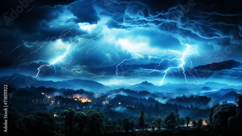 Mountains landscape with lightning and rain