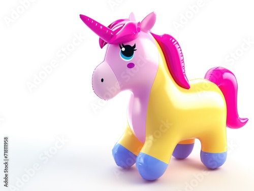 A pink and yellow toy horse with a pink mane. Funny cute inflatable toy on white background.