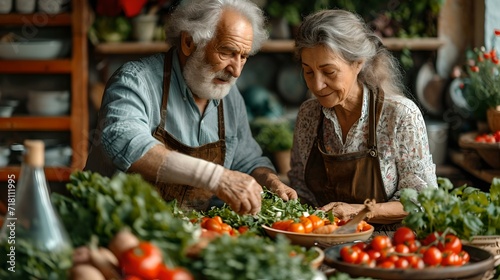 Elderly couple enjoying time together preparing a fresh salad. love  care  and healthy lifestyle. AI