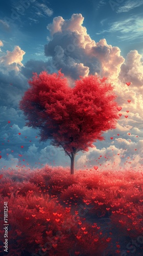 Surreal landscape of a vibrant red heart shaped tree and floating hearts against a dramatic sky.