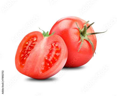 Whole and cut ripe tomatoes isolated on white
