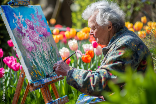 Photo An artist painting a vibrant spring garden scene, surrounded by blooming flowers