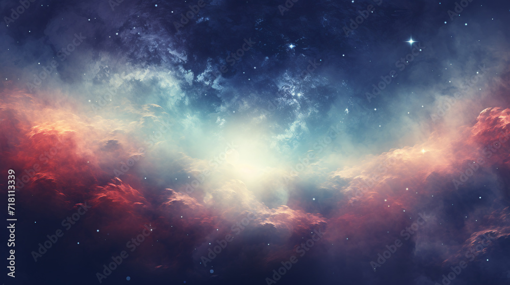 Fototapeta premium In the expansive canvas of the background, the sky unfolds its vast beauty, merging hues of blue and gold as it stretches into the space beyond. A tranquil expanse, this celestial panorama captivates.