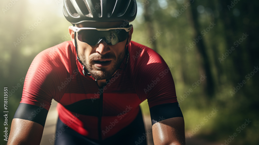 In a compelling close-up,male cyclist, donned in professional racing sports gear,navigates an open road cycling route that meanders through the enchanting confines lush forest.This image encapsulates. In a compelling close-up,male cyclist, donned in professional racing sports gear,navigates an open road cycling route that meanders through the enchanting confines lush forest.This image encapsulates.