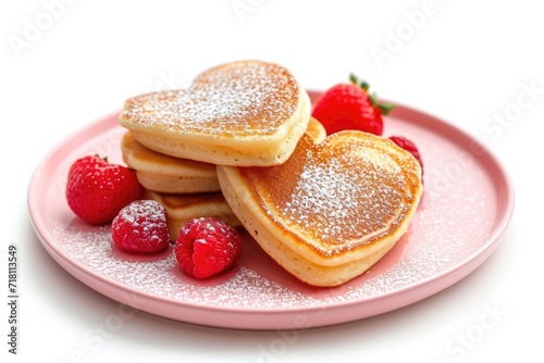 Stack of heart shaped pancakes with strawberry and raspberry decoration on plate isolated in white background
