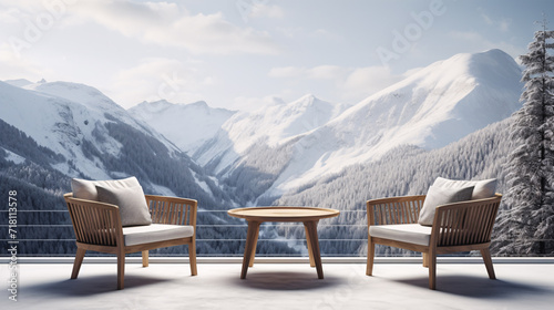 cozy terrace,adorned with small coffee table and inviting armchairs,sits amidst a serene winter landscape dusted with snow.The tranquil scene invites contemplation one can enjoy the warmth the indoors © peerapong