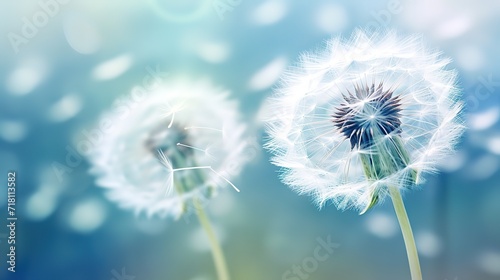 White dandelion flowers flying in the photo on a blue background with a glitter light effect behind it. generative AI