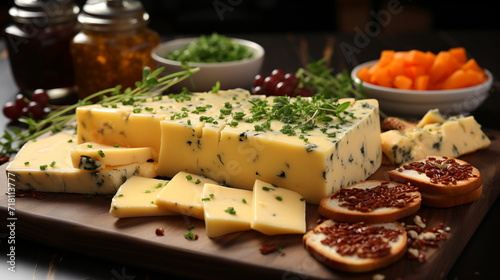various types of cheese in wooden box on white wooden table, top view photo