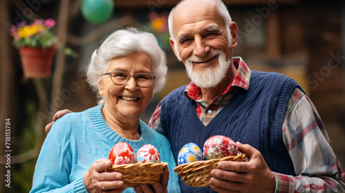 On Easter day  the radiant smiles elderly individuals light up the scene as they joyfully hold intricately painted eggs  their expressions conveying a sense of happiness and warmth that adds a special