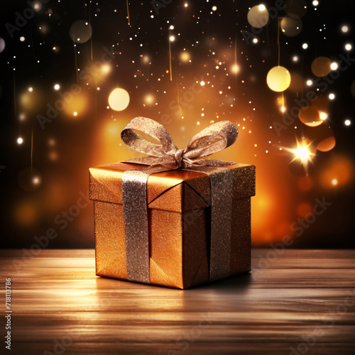 A gift box takes center stage against a backdrop of golden bokeh, creating a visually enchanting composition. The sparkling background adds a touch of glamour, enhancing the allure of the gift,