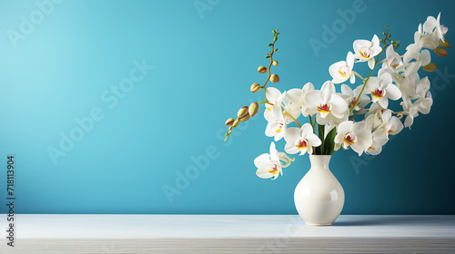 Orchid flowers in vase on blue background