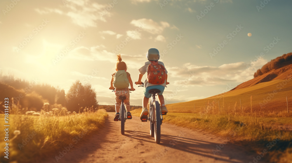In a charming rural setting, a rear view captures idyllic scene  children joyfully riding bicycles along peaceful country road,creating a nostalgic and heartwarming tableau carefree childhood moments.