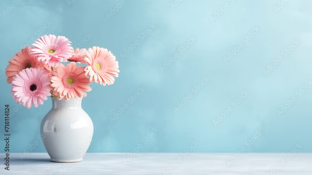 Pink gerbera flowers in vase on blue background Pink gerbera flowers in vase on blue background