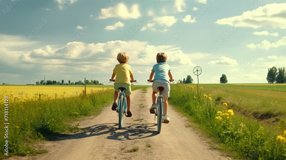 In a charming rural setting, a rear view captures idyllic scene  children joyfully riding bicycles along peaceful country road,creating a nostalgic and heartwarming tableau carefree childhood moments.