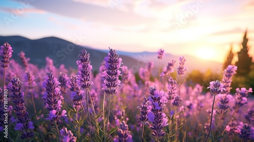 A stretch of lavender flowers blooming purple with a beautiful sunset view