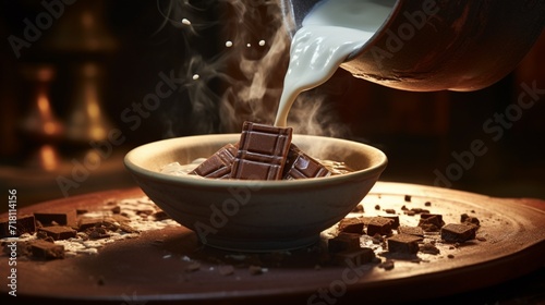 A high-detailed 8K image of a traditional Mexican chocolate tablet being grated into a bowl of steaming milk, creating a velvety, chocolatey mixture photo