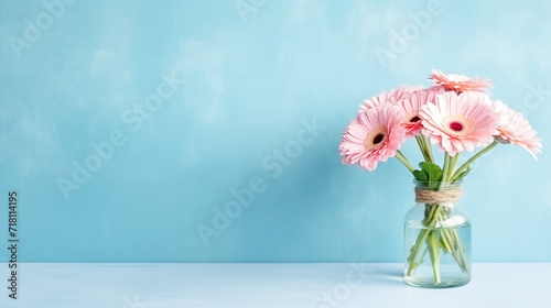 Pink gerbera flowers in vase on blue background