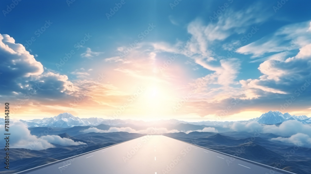 The perspective offers a captivating view the road stretching straight up into the sky, surrounded by realistic mountains.This visually striking scene provides ample space for text, inviting creative. The perspective offers a captivating view the road stretching straight up into the sky, surrounded by realistic mountains.This visually striking scene provides ample space for text, inviting creative.
