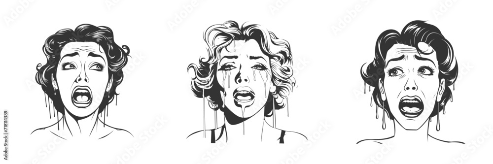 Woman cries. Black and white ink drawing. Vector illustration
