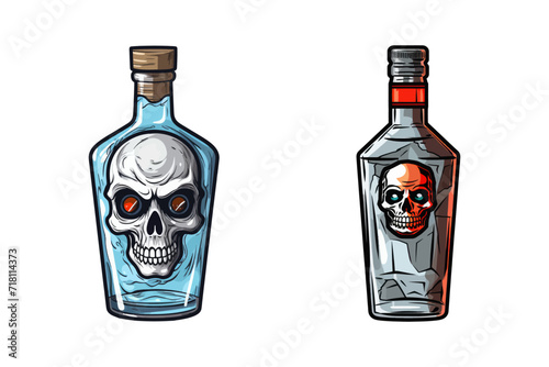 Cartoon vodka. bottle with skull inside. Vector illustration
