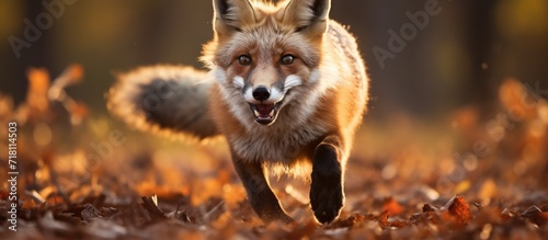 In the autumn, a red fox gracefully runs closer towards us on a dry field, its fiery fur contrasting with the muted colors of the season.
