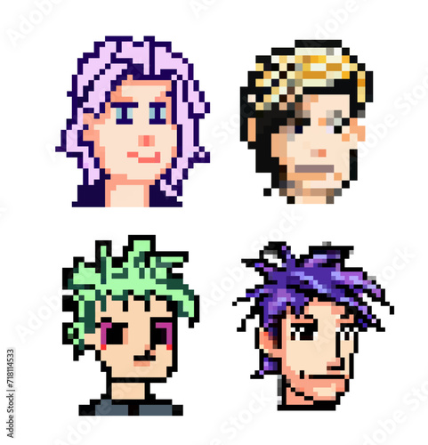 Vector set pixel punk heads of people with different colored hair