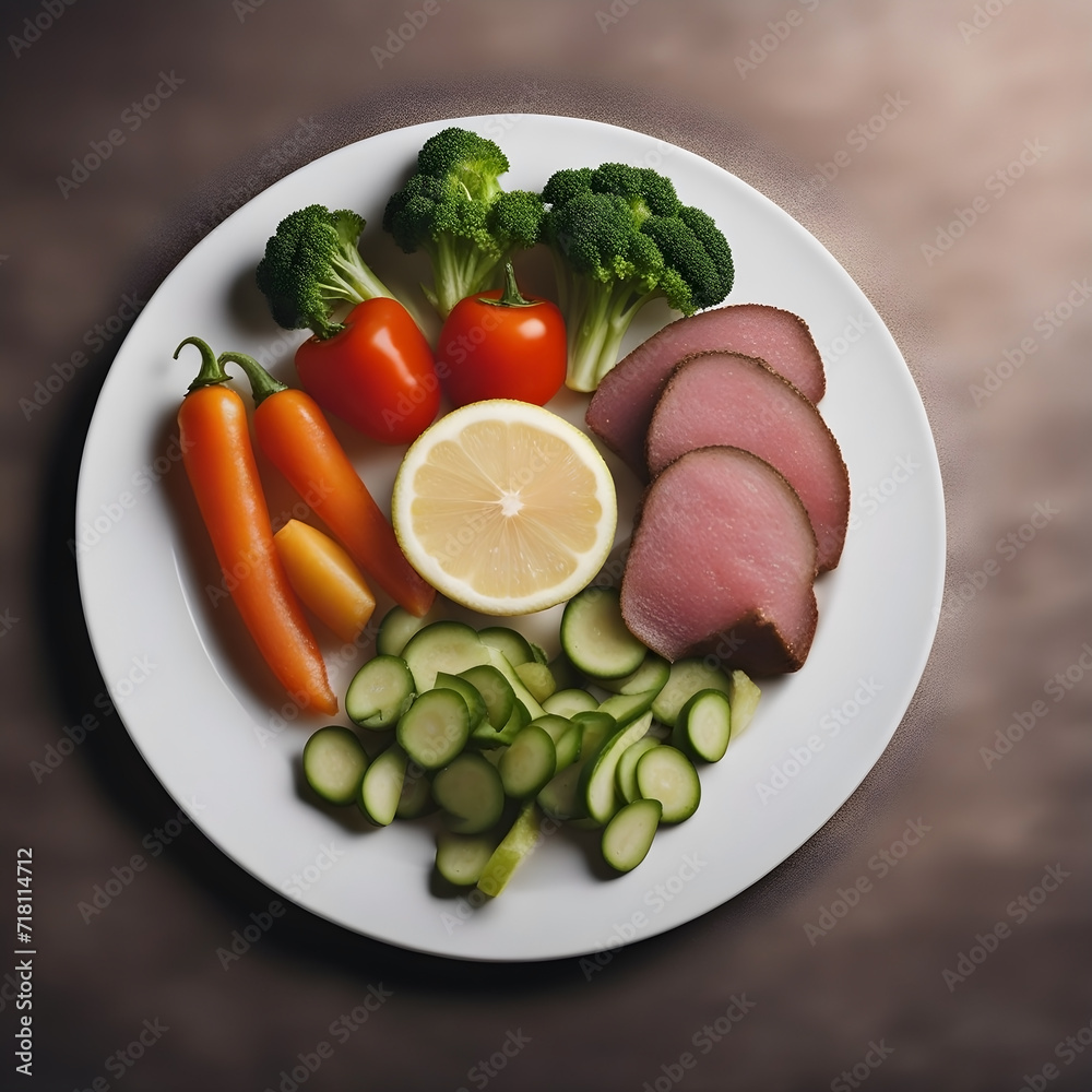 Side view of vegetarian salad plate with different types of vegetable slices on white plate