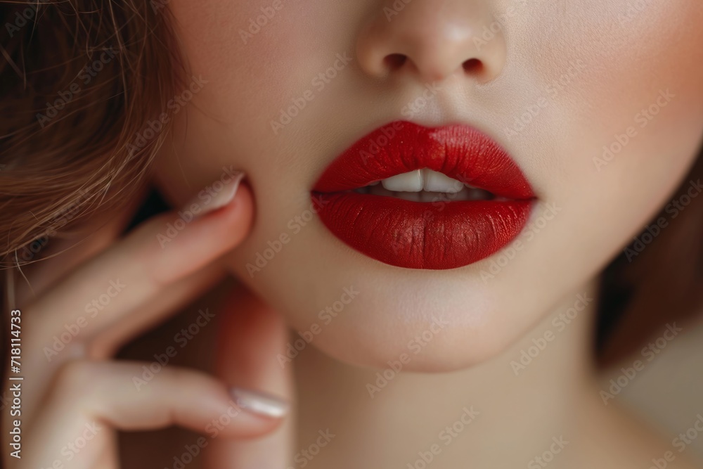 Close up of perfect lips with glossy red lipstick, matching manicure. Beauty and makeup concept Close up of perfect lips with glossy red lipstick, matching manicure. Beauty and makeup concept