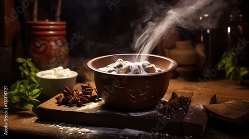 A high-detailed 8K image of a traditional Mexican chocolate tablet being grated into a bowl of steaming milk, creating a velvety, chocolatey mixture.