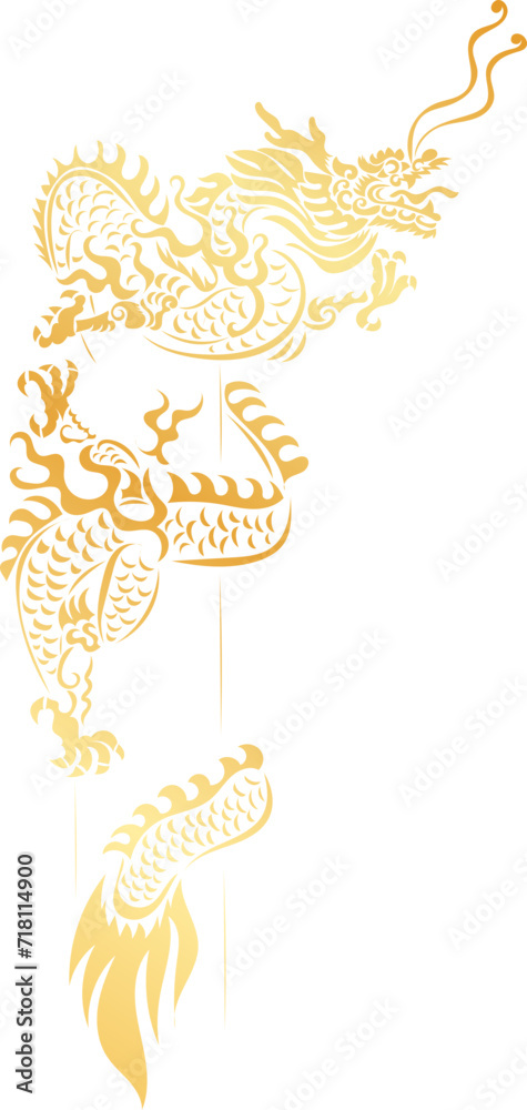 hand-drawn Chinese dragon and flower illustrations in luxurious golden hues