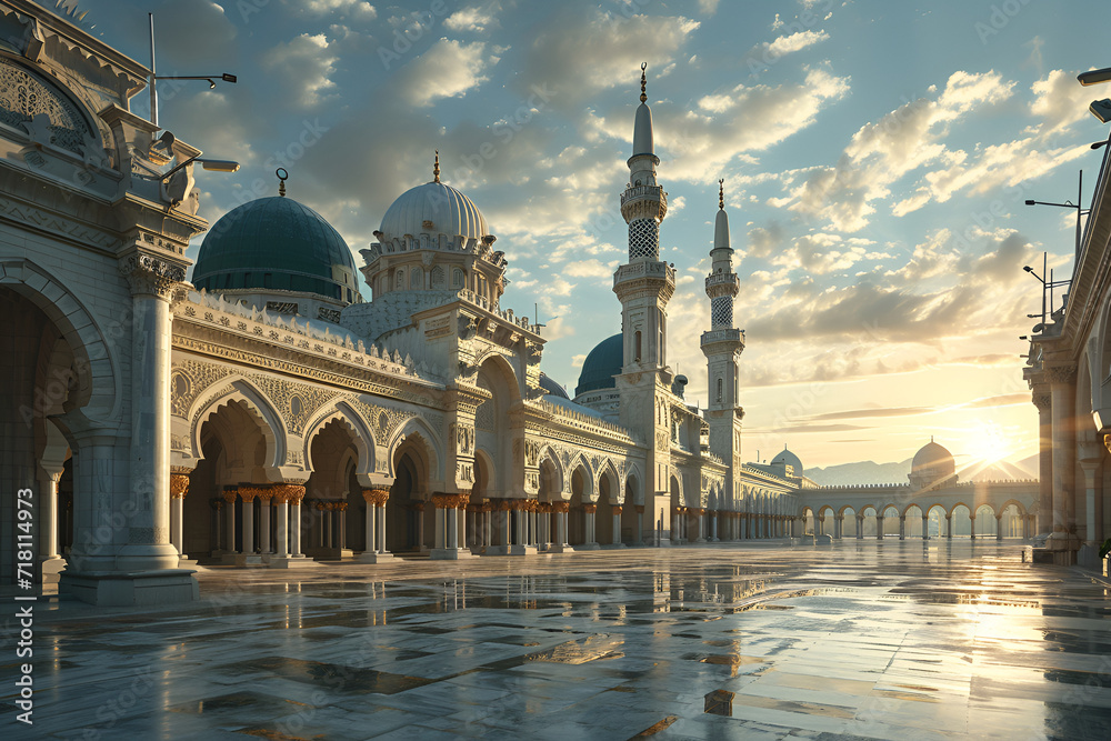 Fototapeta premium illudtration of amazing architecture design of muslim mosque ramadan concept, Elegant Masjid in Jeddah mosque background, clip of view of Nabawi Mosque, Generative Ai