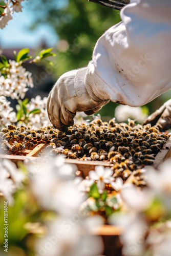 Close-up of a beekeeper tending to bees amidst spring blossoms.