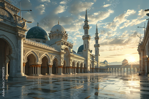 illudtration of amazing architecture design of muslim mosque ramadan concept, Elegant Masjid in Jeddah mosque background, clip of view of Nabawi Mosque, Generative Ai photo