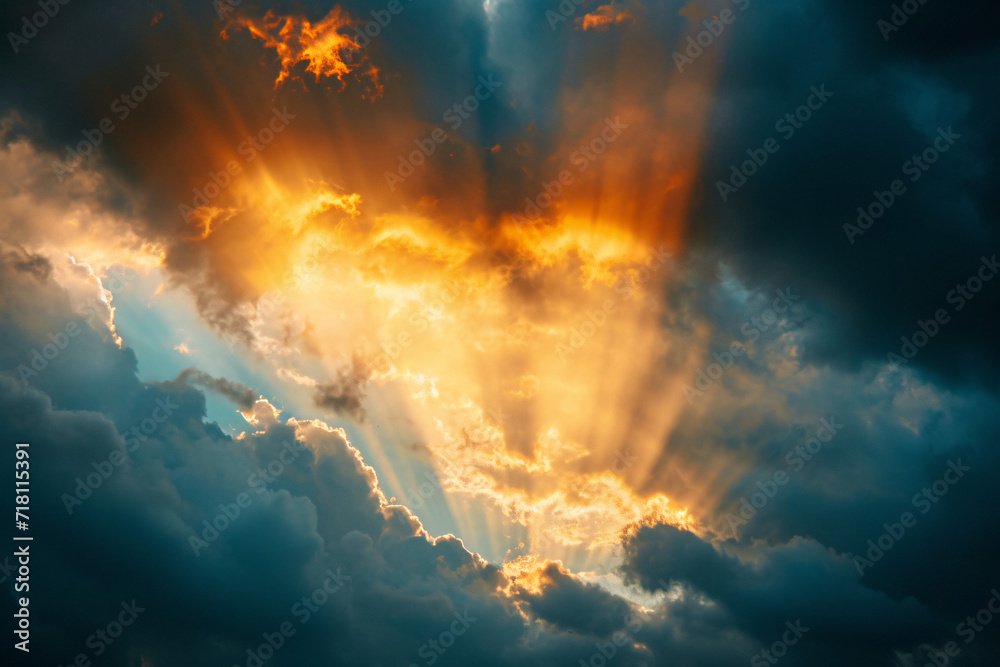 Das Sonnenlicht strahlt durch die Wolken hindurch, ein Strahl der Hoffnung, ein Symbol für Neuerung