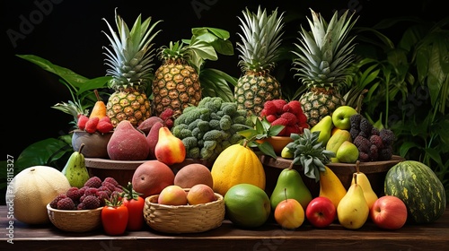 Exotic tropical fruits display with vibrant lighting and unique textures and colors