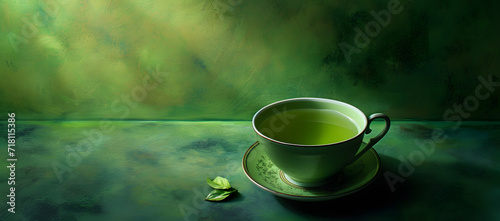 Bowl of green tea with leaves on it top view background