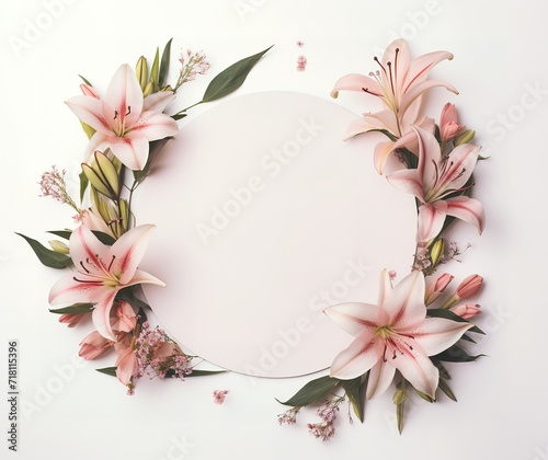The empty circular frame is decorated with flower arrangements on the side. generative AI
