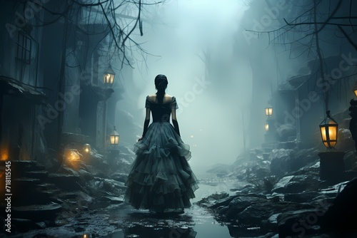 Enigmatic model surrounded by misty hues in a mysterious atmosphere photo