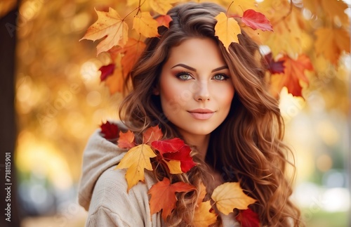 Woman with autumn leaves, autumn natural background