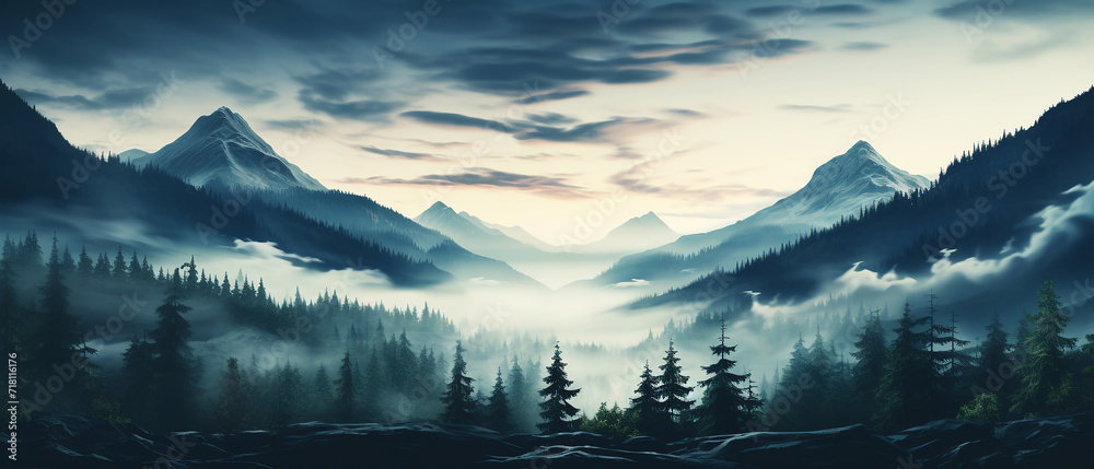 Aerial view of pine forest with fog