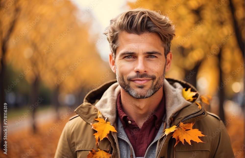 Man with autumn leaves, autumn natural background Man with autumn leaves, autumn natural background